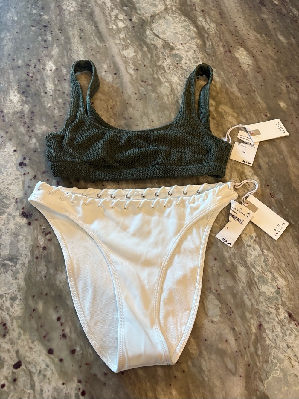 Good American Green and White Lace-Up Bikini